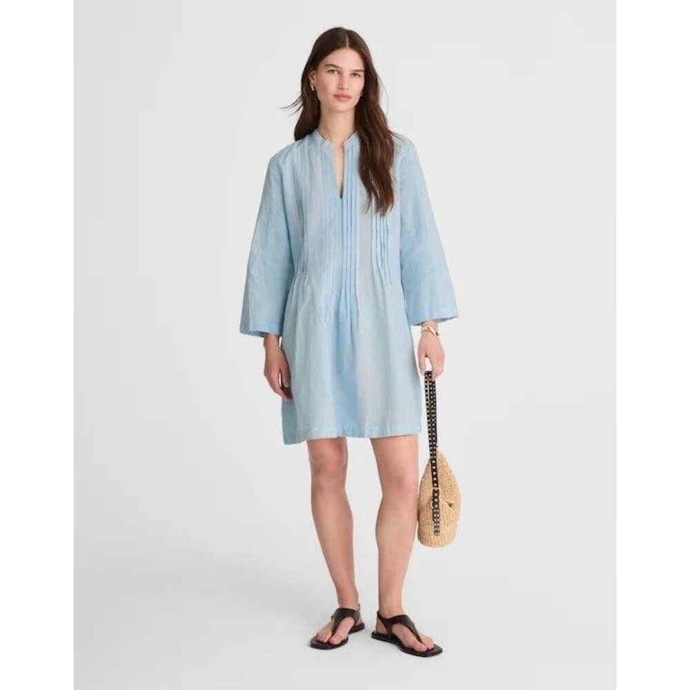MADEWELL Pleated Splitneck Mini Shirtdress M Stripe Blue White Long Slv NWT B94